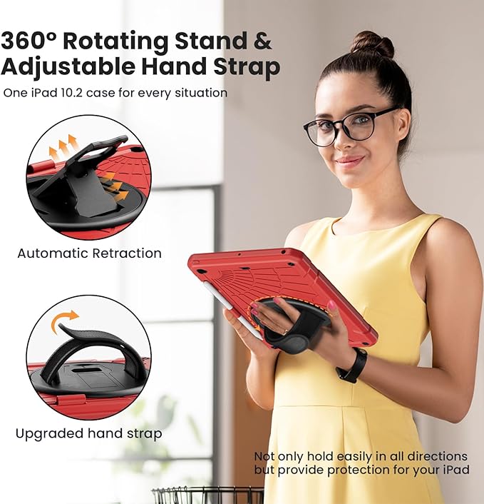 for iPad 9th Generation 2021/ iPad 8th Generation 2020/ iPad 7th Generation 2019 Case with Screen Protector Pencil Holder [360° Rotating Hand Strap] &amp Stand for iPad 10.2 inch (Red)