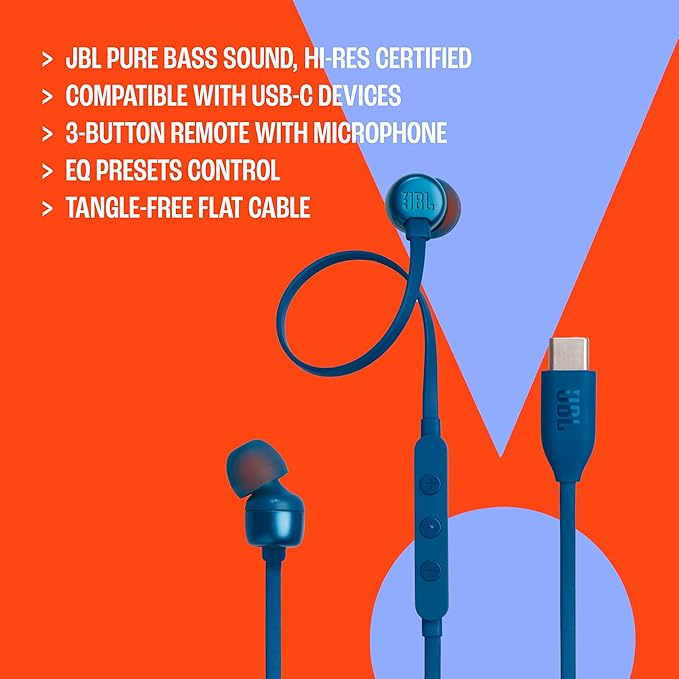 JBL Tune 310C - Wired Hi-Res in-Ear Headphones Tangle-Free Flat Cable 3-Button Remote with Microphone (Black)