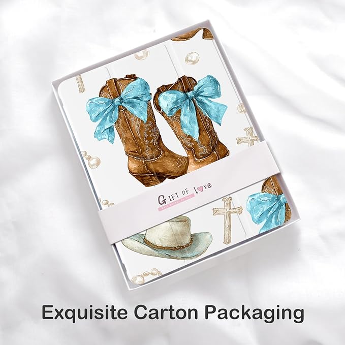 Cute Cowboy Boots Bow Hat for iPad 5th/6th Generation Case with Pencil Holder Auto Sleep/Wake White Leather Soft TPU Back Cover for iPad 9.7 Inch