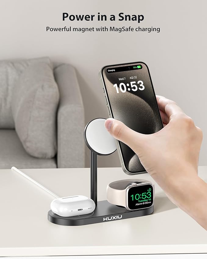 KU XIU Aluminum Alloy 3 in 1 Charging Station for Apple Magnetic Wireless Charger Stand for iPhone 16/15/14/13/12 Series 5W Fast Wireless Travel Charger for Apple Watch 9/8/7/SE Series Airpods