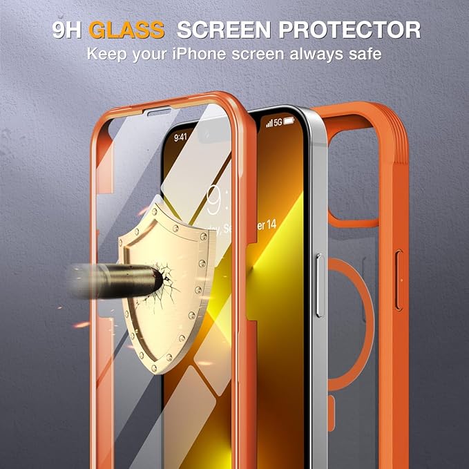 Miracase for iPhone 13 Pro Case 6.1with MagSafeBuilt in Screen ProtectorFull-Body Protection(Orange)