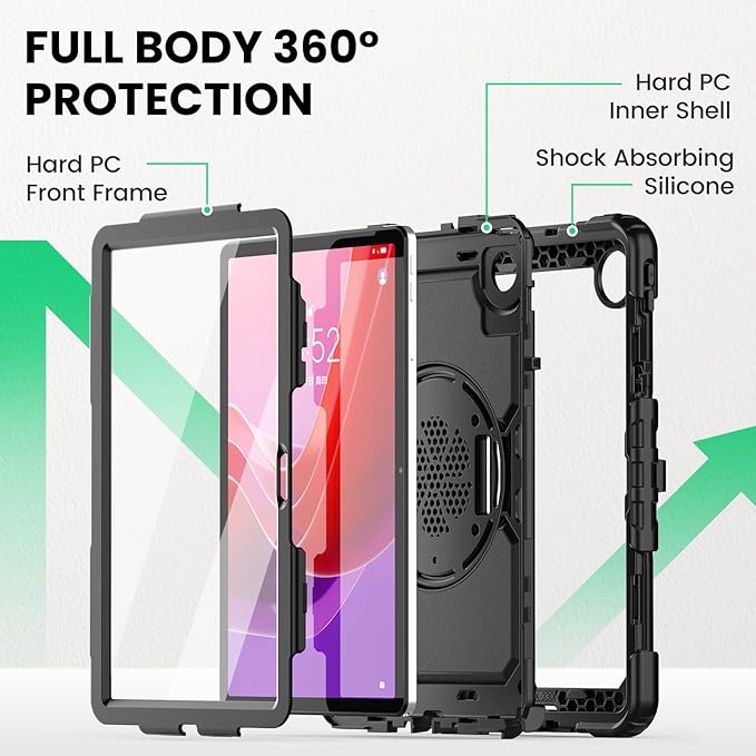 SEYMAC Case for Lenovo Tab M11/K11 11 Inch Heavy Duty Shockproof Protective Case with Screen Protector 360° Rotating Stand Hand/Shoulder Strap and Pen Holder Black