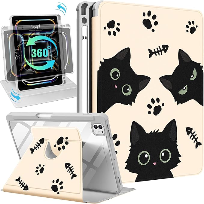 for iPad Pro M4/M5 Case 11 inch - 360 Degree Rotating Stand Folio Smart Cover with Pencil Holder for Women Girls Black Cats for iPad Pro 11 inch Case 2024 M4/2025 M5