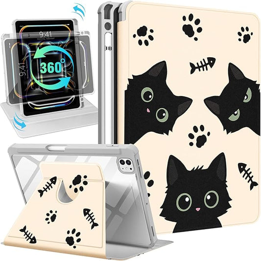 for iPad Pro M4/M5 Case 11 inch - 360 Degree Rotating Stand Folio Smart Cover with Pencil Holder for Women Girls Black Cats for iPad Pro 11 inch Case 2024 M4/2025 M5