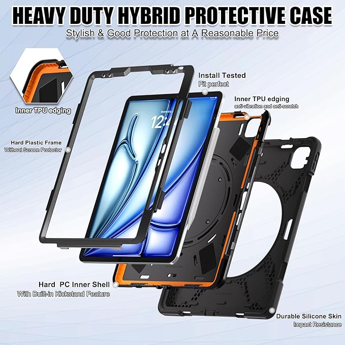 SCSVPN Case for iPad Air 13 inch M4 2026 /M3 2025/M2 2024 &amp iPad Pro 12.9 Case 6th/5th/4th/3rd Gen 2022 2021 2020 2018 Drop Protective Cover with Pencil Holder Stand Handle Shoulder Strap - Bl
