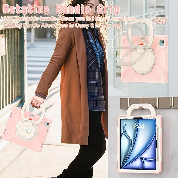 Batianda Case for iPad Air 13 inch 2025 M3 2024 M2 Chip Heavy Duty Rugged Durability Silicone Tablet Cover with 360° Rotating Ring Foldable Kickstand &amp Shoulder Strap Pink
