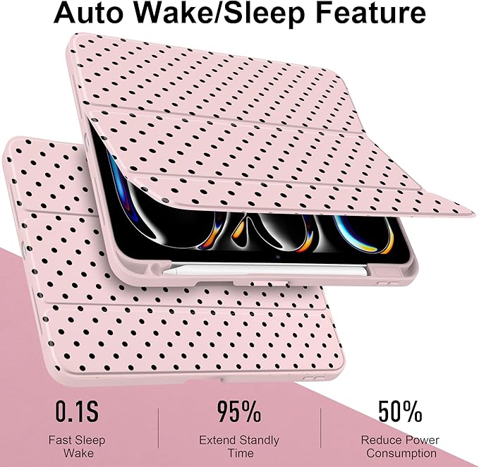 Case for iPad Pro 11 Inch (M5 2025 M4 2024) – [Built-in Pencil Holder] Shockproof &amp Stylish Clear Hard Back + Soft TPU Edge Magnetic Trifold Stand Auto Wake/Sleep Pink Polka dot