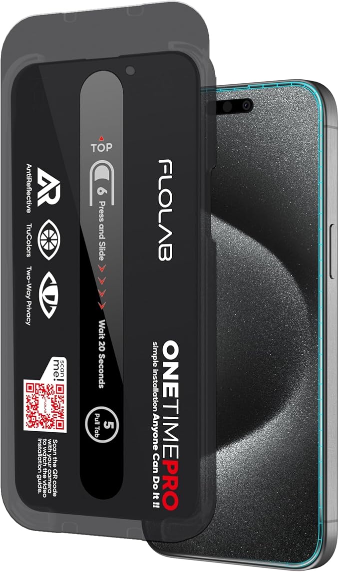 FLOLAB NanoArmour ONETIME PRO for iPhone 15 Pro Privacy Screen Protector Anti-Reflective 3D Edge-to-Edge Anti-Spy Tempered Glass Reinforced Edges Durable Smooth Easy Install Dust-Free