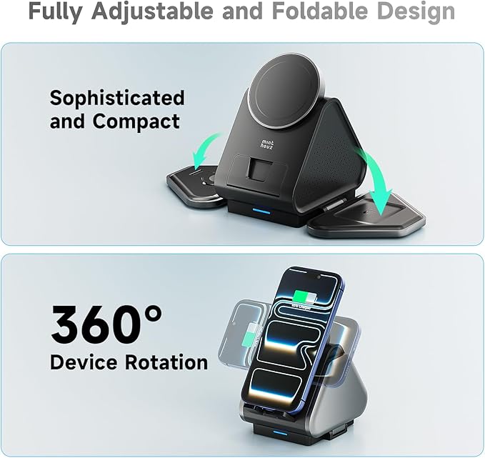 3 in 1 Charging Station Mag Safe Wireless Charger Stand Qi2-enable 15W Multiple Device Magnetic Charging Station for iPhone 1615141312 Series Apple Watch AirPods (USB-C Charger Included)