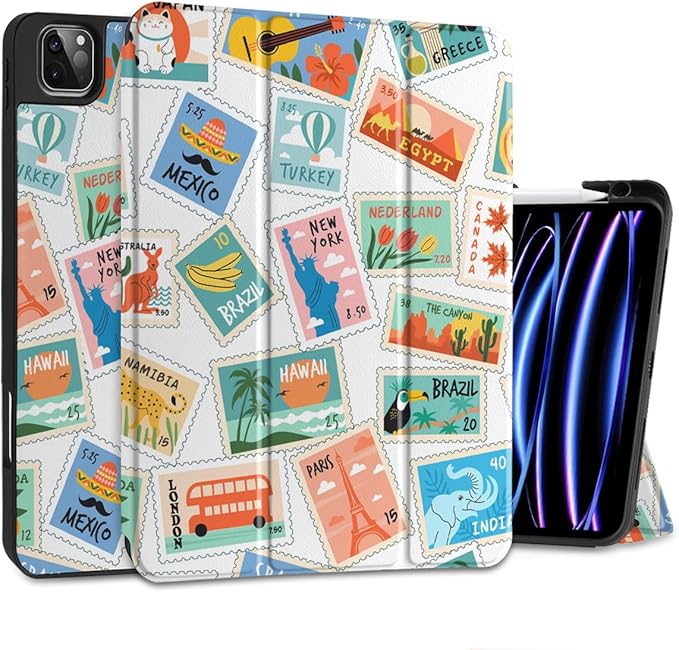 DONGKE Case for 2022/2021/2020/2018 iPad Pro 11 inch Gen 4/3/2/1 - Slim Protective Case - Built in Pencil Holder Support Charging - Trifold Stand &amp Sleep/Wake Cover- Post Stamps