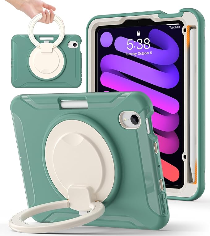 BATYUE Shockproof Case for iPad mini 7 (A17 Pro)/ Mini 6 8.3 inch (2024/2021) - 360° Multi-Angle Stand (Portrait &amp Landscape) &amp Grip Built-in Pencil Holder Jade Green