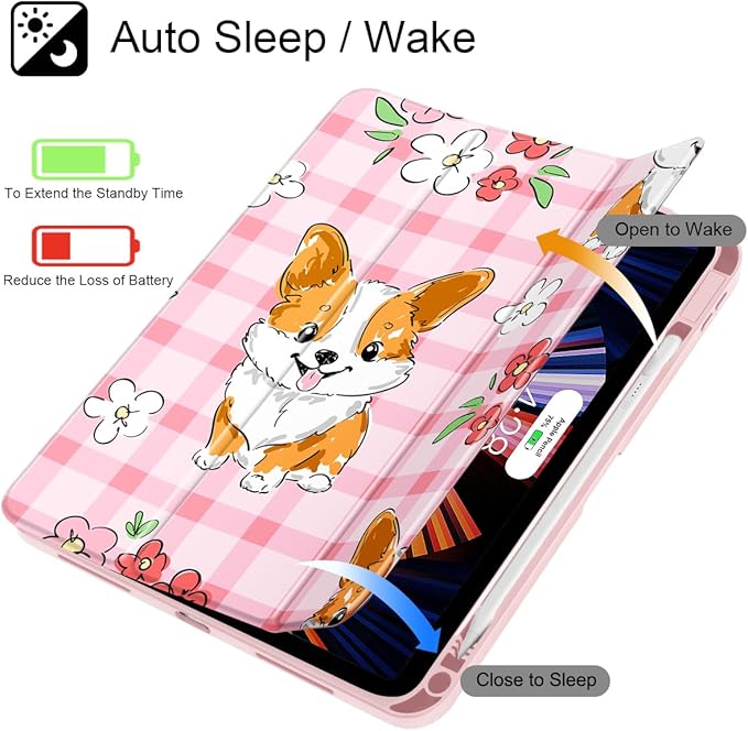 May Chen Case for iPad Air 13 Inch M4 2026 M3 2025 M2 2024 [Built-in Pencil Holder] Shockproof Cover with Clear Transparent Back Shell Auto Sleep/Wake Cover Corgi Dog Stripes