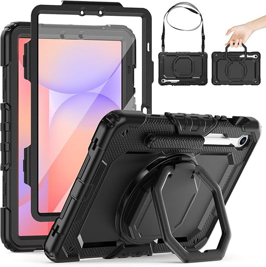HXCASEAC Case for Galaxy Tab S10 lite / S10 FE / S9 FE 10.9 Inch Shockproof | 360° Rotating Stand | S Pen Holder | Screen Protector | Shoulder Strap | Samaung S10 Lite Tablet Case Kids Black