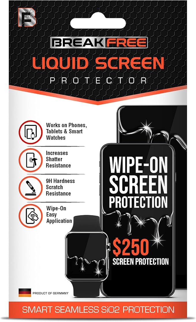 BREAK FREE Liquid Glass Screen Protector With $250 Coverage | Wipe On Scratch and Shatter Resistant Nano Protection for All Phones Tablets and Smart Watches - Universal Compatibility