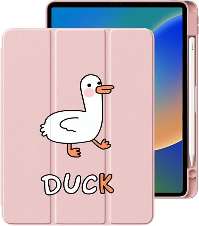 Cute Kawaii Duck for iPad Mini 6 Case with Pencil Holder Foldable Pink Leather Cover Case Support Auto Sleep Wake