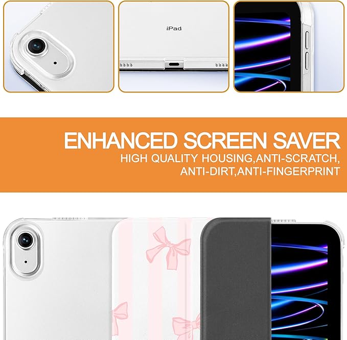 Tuiklol Case for iPad 11 inch A16 2025 Generation 11th / iPad 10.9 inch 2022 10th Gen Buit in Pencil Holder with Shockproof Cover PC Clear Transparent Back Shell Auto Wake/Sleep Striped Bow