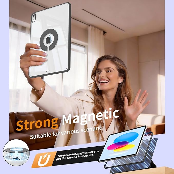KENKE Case for iPad Air 11-Inch M4/M3/M2 (2026/2025/2024) iPad Air 10.9-Inch 5th/4th Generation(2022/2020) with Pencil Holder 3+Y-Stand Magnetic Removable 360° Rotating Clear Back Cover Black