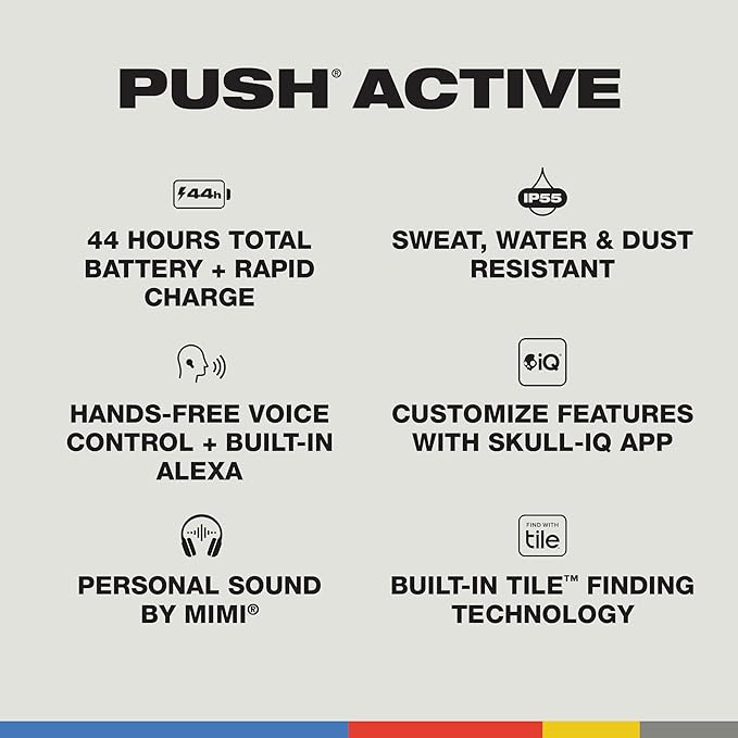 Skullcandy Push Active Wireless Earbuds Bluetooth Headphones Noise Isolating 44 Hrs Battery Secure-Fit Over-Ear Hanger Sweat and Water Resistant Microphone for iPhone Android - True Black/Orange