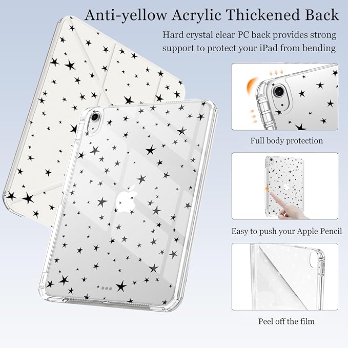 Cute Black Stars for iPad 7th/8th/9th Generation Case 10.2 Inch 2019/2020/2021 with Pencil Holder Auto Sleep/Wake White Leather Acrylic Back Detachable Cover