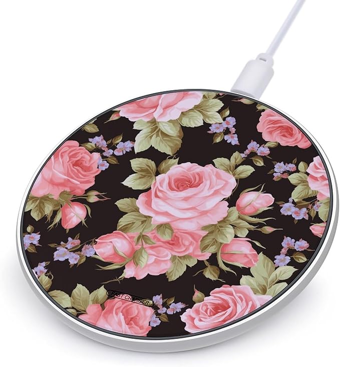 Pink Rose Wireless Charger Fast Wireless Charging Pad with USB Cable 10W Anti-Slip Magnetic Wireless Charger Portable Slim Charger Puck Travel Charging Station
