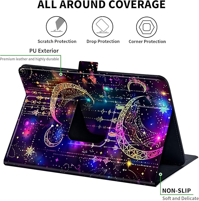 for Universal 10 10.1 Inch Android Tablet Case 360 Degree Rotating Leather Stand Folio Cover for iPad 9.7/10.2/10.5/Galaxy Tab 9-10.5/Fire HD10 &amp More 9.0-10.5 Inch TabletPurple Glitter Moon