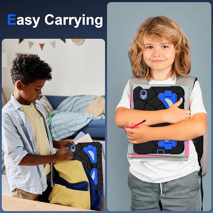 Kids Case for iPad mini 7 A17 Pro 2024/ Mini 6 8.3 inch Spider Case for iPad mini 7th 6th Generation Shockproof Durable Full Protective Cover with Pencil Holder Kickstand (Black+Blue)