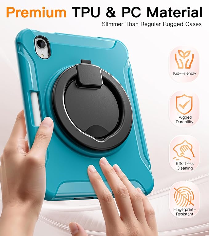 BATYUE Shockproof Case for iPad mini 7 (A17 Pro)/ Mini 6 8.3 inch (2024/2021) - 360° Multi-Angle Stand (Portrait &amp Landscape) &amp Grip Built-in Pencil Holder Lake Blue