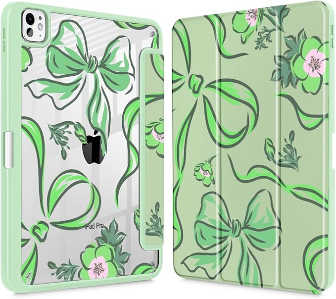 Mektron Case for M5/ M4 iPad Pro 11 inch 2025/2024 with Pencil Holder Compatible Models: A3357/A3358/A3359/A2836/A2837/A3006 Shockproof Cover Clear Shell Flowers-Bows-Green