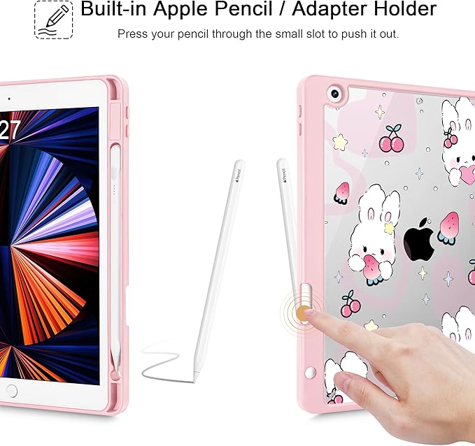 for iPad 9th Generation with Pencil Holder iPad 8th/7th Gen Case 10.2-inch [Built in Pencil Holder] Trifold Stand Auto Wake/Sleep Clear TPU Protection Back Cover Rabbit &amp Strawberry