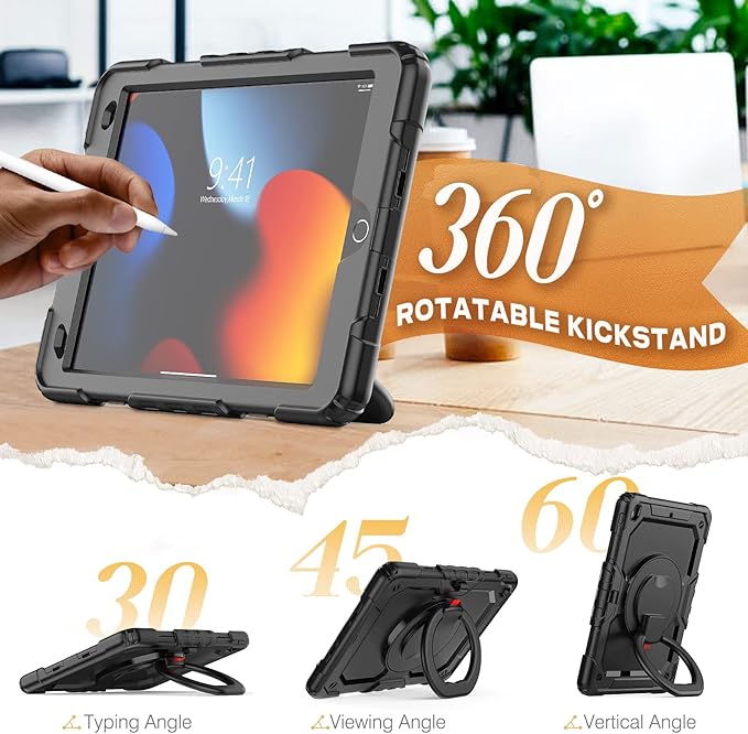 SEYMAC stock Shockproof Tablet Case for iPad 9th/8th/7th Generation 10.2 inch Full-Body Drop Protection Case with Pencil Holder &amp [360 Ring Handle Stand] Screen Protector (Black)