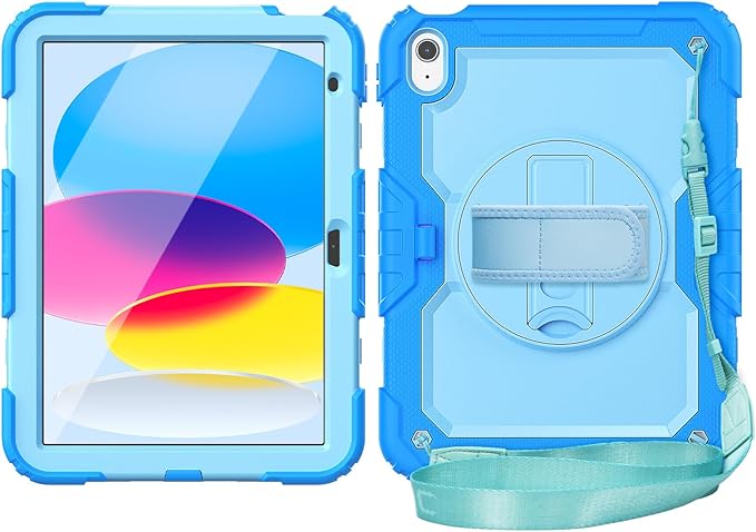 Kids Case for iPad (A16) 11th/10th Generation 11''/10.9'' 2025/2022: Shockproof Protective Case with Hand/Shoulder Strap Pencil Holder Rotate Stand Screen Protector