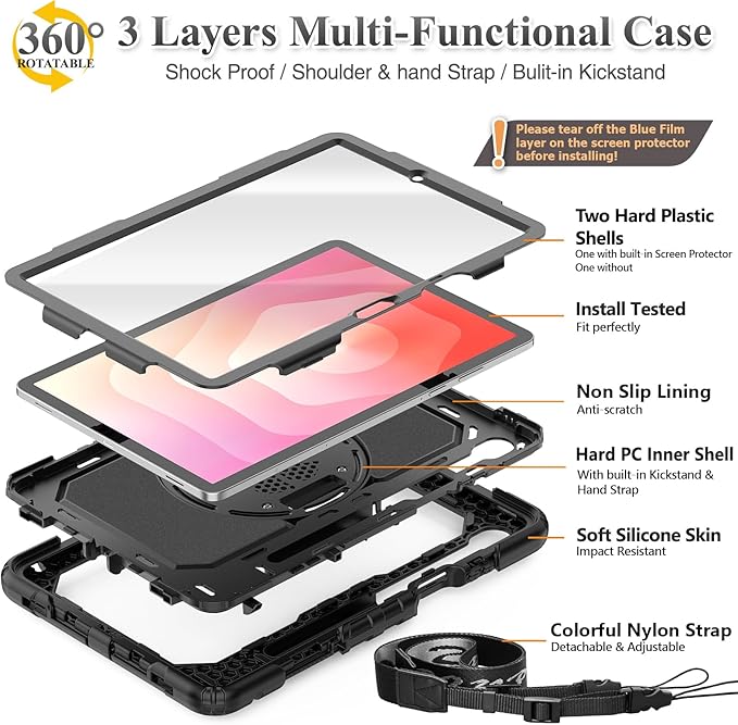 SEYMAC stock Case for Samsung Galaxy Tab S11 Tablet Case 11'' Protective with Screen Protector Pencil Holder 360 Degree Rotate Kickstand Hand Strap Shoulder Strap Black