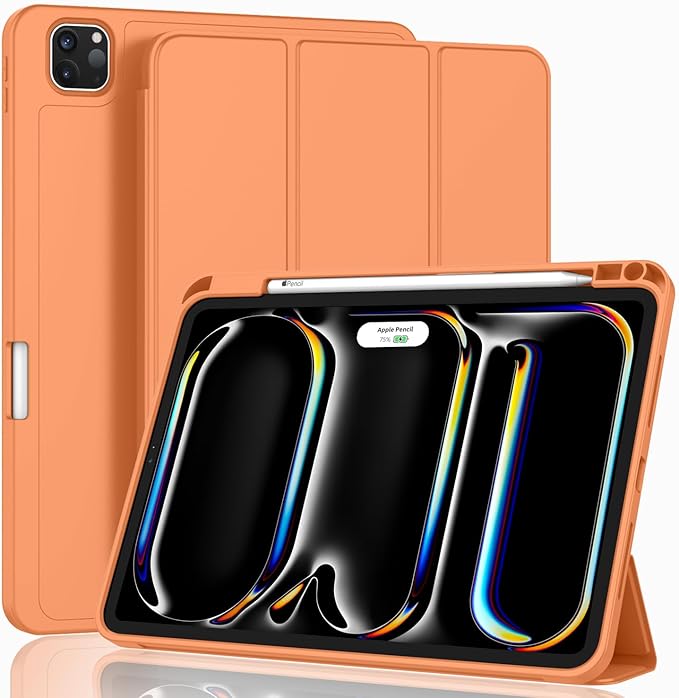 ZryXal iPad Pro 11 Inch Case (M5) 2025/ (M4) 2024 (Model: A2836/A2837/A3006) Trifold Stand Smart Cover with Pencil Holder and Soft TPU Back Auto Wake/Sleep (Orange)