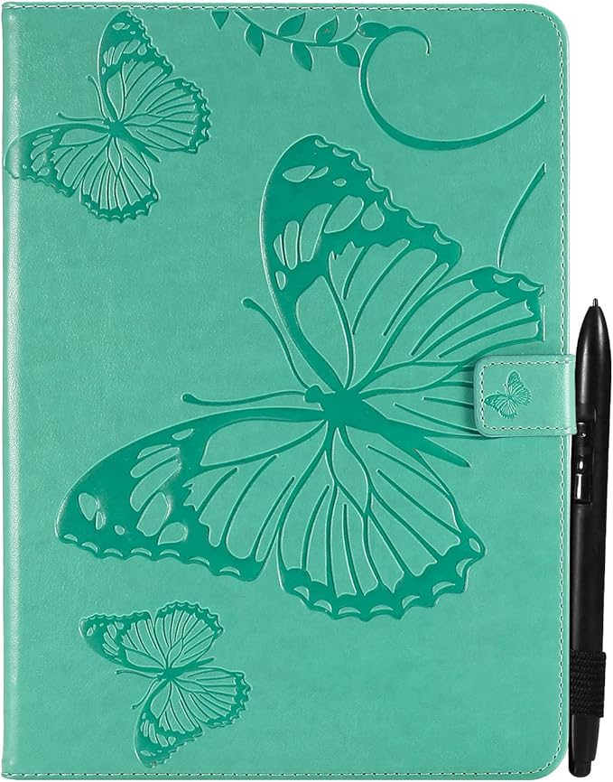 for Kindle Fire HD 10 &amp HD 10 Plus Case 13th/11th Generation 10.1 (2023/2021) Stand Embossed PU Leather Magnetic Wallet Cover with Pencil Holder/Pockets [Auto Wake/Sleep] Green Butterfly