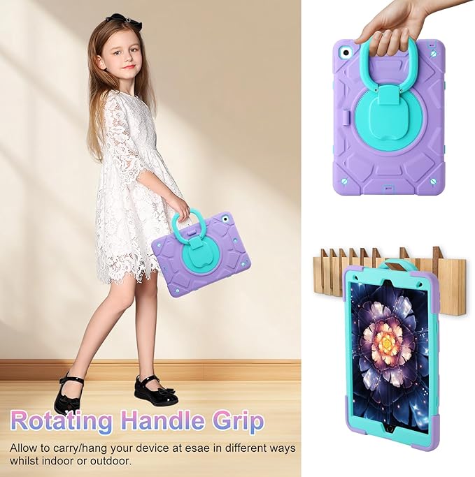 for iPad 9th/8th/7th Generation Case(2021/2020/2019)360°Rotating Handle Stand with[ Pencil Holder&ampShoulder Strap] Heavy Duty Shockproof Kids Cover for iPad 10.2 inch (Light Purple+Mint Green)