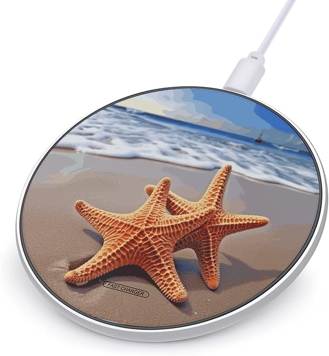 Starfish on The Beach Wireless Charger Fast Wireless Charging Pad with USB Cable 10W Anti-Slip Magnetic Wireless Charger Portable Slim Charger Puck Travel Charging Station