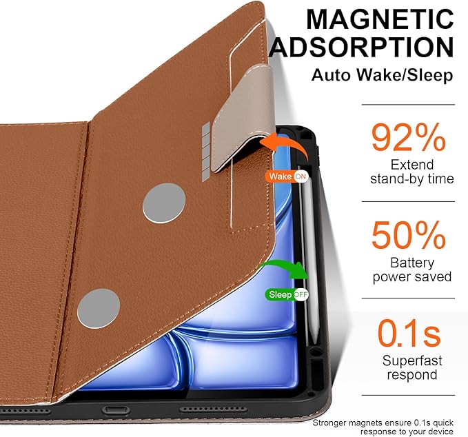 for iPad Air 13 inch Case 2024/2025 M3/M2 Model Premium Smart Folio Cover with Auto Wake/Sleep Apple Pencil 2 Holder Multi-Angle Stand and Secure Buckle Closure (Brown)