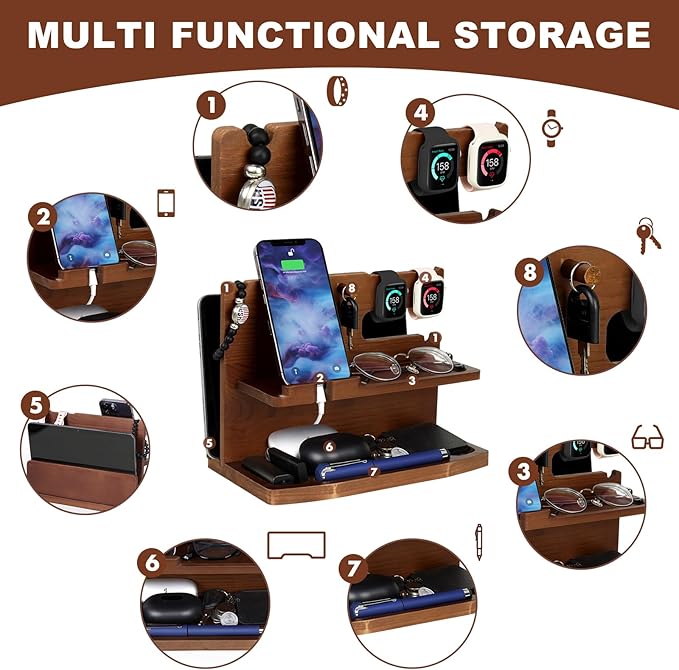 Gifts for Men Desk or Nightstand Organizer - Wood Phone Docking Station - Birthday Gifts for Husband Fathers Day for Dad - Anniversary Idea from Wife - Key Holder Stand Wallet Watch &amp Essential