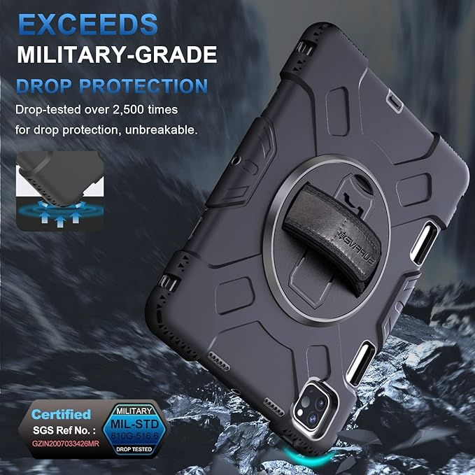 SUPFIVES 2022 iPad Pro 11 inch Case (4th Generation)Upgraded Military Grade Shockproof Silicone iPad Pro 11 4th/3rd/2nd Gen Cover Pencil Holder+ Handle+ Shoulder Strap+ Rotating Kickstand Black