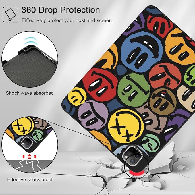 Mektron for iPad Pro M2 11-inch 4th/ 3rd/ 2nd/ 1st Gen Case 2022 2021 2020 2018 with Pencil Holder Tablet Cover with Soft TPU Back Cover for 11 inch iPad Pro Smiling Face