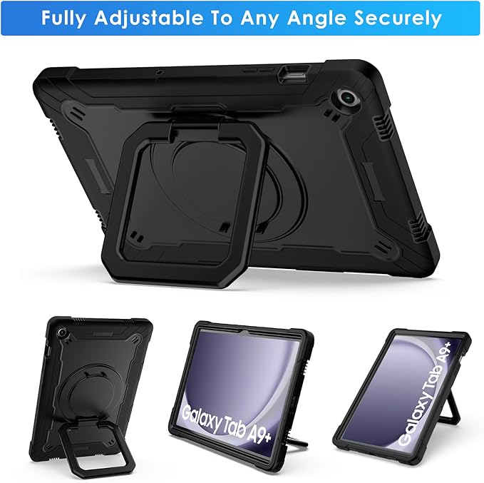 DETUOSI Galaxy Tab A9 Plus Case - Shockproof with 360 Stand &amp Strap Heavy Duty for SM-X210/X216/X218 Black