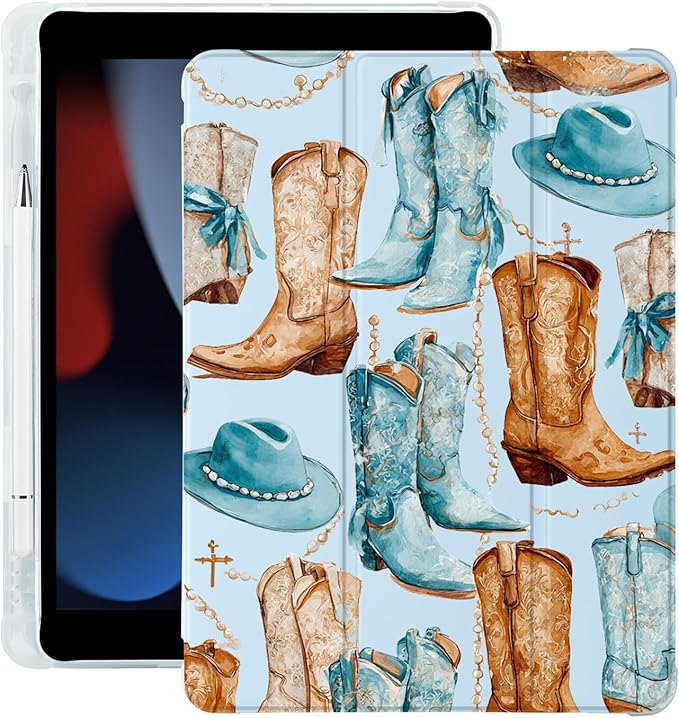 Western Cowboy Boots Hat for iPad (A16) 11th Generation Case 11 Inch 2025 for iPad 10th Gen Case 10.9 Inch 2022 with Pencil Holder Auto Sleep/Wake Blue Leather Soft TPU Back Cover
