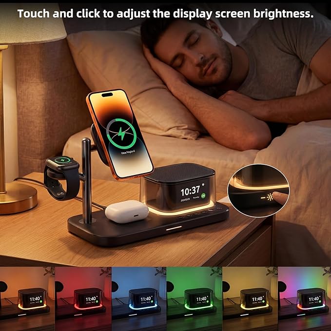 45W 5 in 1 Wireless Charging Station with Alarm Clock and Bluetooth Speaker &amp Night Light Qi2.2 25W Fast Charger for MagSafe for iPhone 17/S26 Ultra Charger Stand for iWatch &amp Galaxy Watch