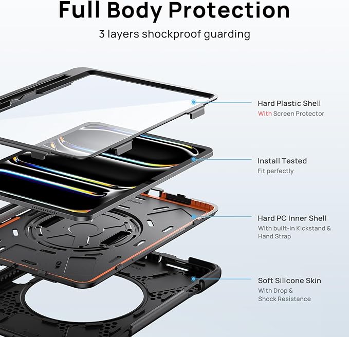 Gerutek Case for iPad Pro 13 inch Case M5 2025 / M4 2024 Full Body Drop Protective with Screen Protector Rotating Stand Hand/Shoulder Strap Pencil Holder Cover for iPad Pro 13 8th/7th Gen Black