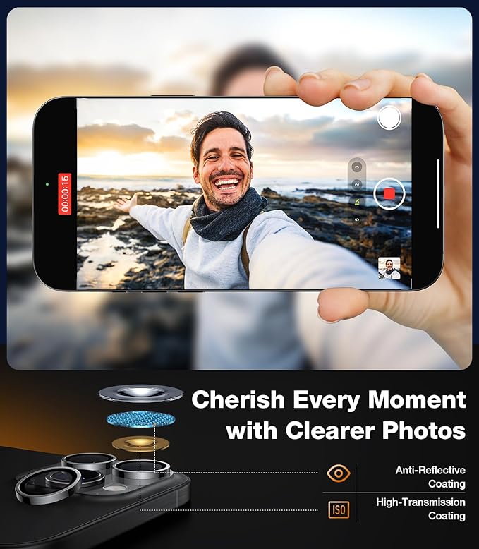 TORRAS 3-Year Ultimate Durability for iPhone 15 Pro Max/15 Pro Camera Lens Protector - 1:1 Invisible Fit &amp Ultra Clarity Military-Grade 9H+ Aerospace Glass Anti-Scratch Easy Installation Black