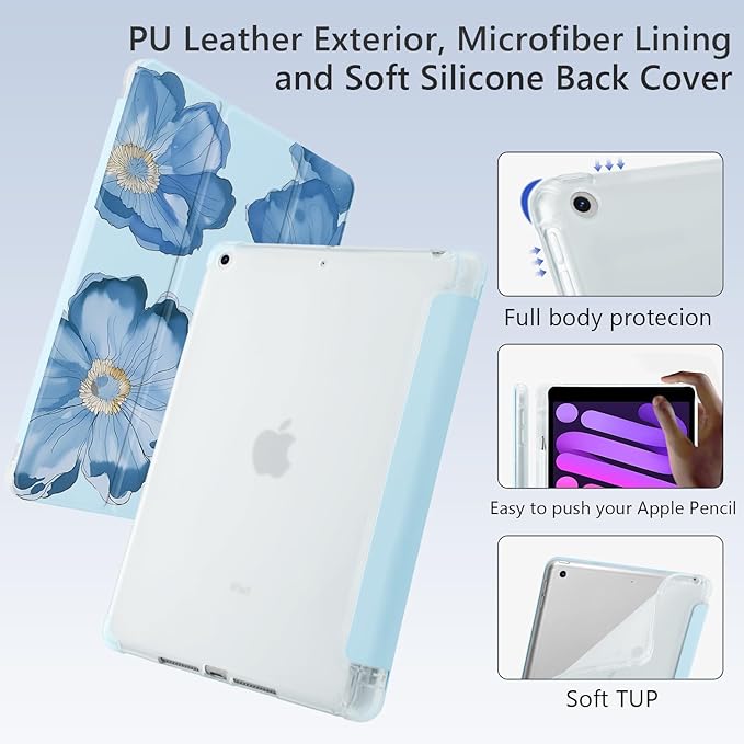 Cute Floral Flower for iPad mini 7 A17 Pro 2024/iPad Mini 6 Case with Pencil Holder Auto Sleep/Wake Blue Leather Soft TPU Back Cover