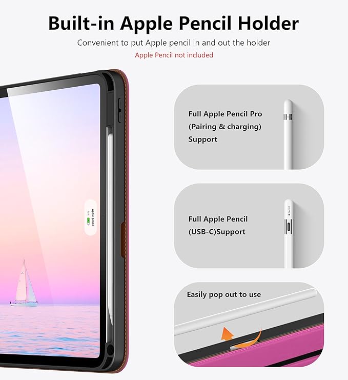 DTTO for iPad Air 11 inch Case M4 / M3 / M2 (2026/2025/2024) iPad Air 5th / 4th Gen (2022/2020) 360 Degree Rotating Premium Leather Folio Stand Cover with Pencil Holder Rose Red