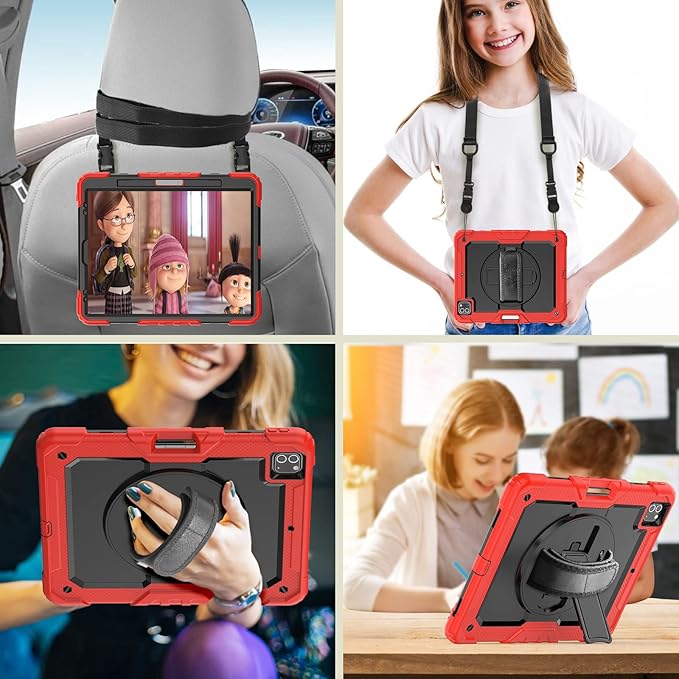 Herize Case Compatible with iPad Pro 12.9 Inch 2022/2021/2020 with Pencil Holder | Heavy Duty Shockproof Rubber Case with Stand Hand Grip Shoulder Strap Screen Protector | Red
