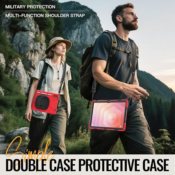 for Galaxy Tab S11 Ultra Rotating Case 14.6inch Heavy Duty Hybrid Rugged Case with S Pen Holder Shockproof Kids Cover with 360 Rotation Stand/Shoulder Strap (Red)