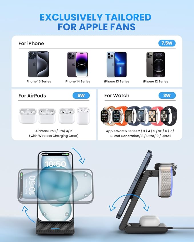 JoyGeek 3-in-1 Wireless Charging StationFoldable Travel Charger Stand for iPhone 15/14/13/12 Series Fast Magnetic Charging Dock for Apple Watch Ultra 2/9/8/7/6/SE/5/4/3/2AirPods Pro 3/2